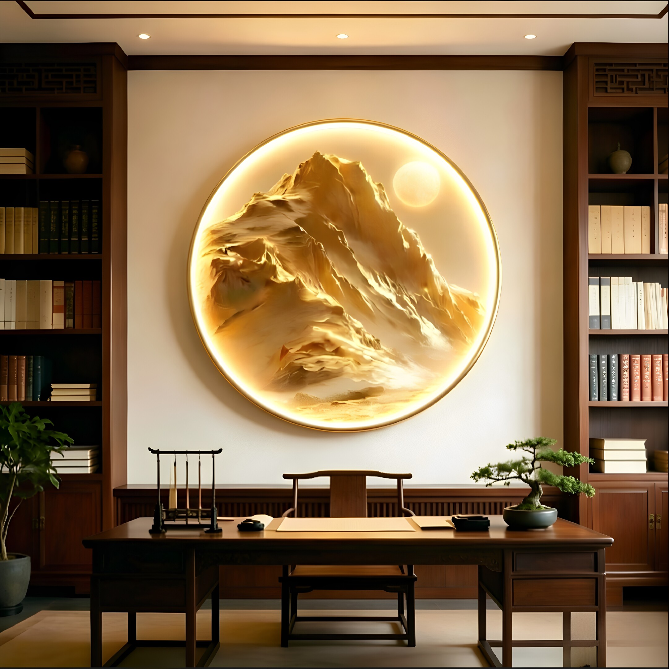 日照金山圆形氛围灯挂画轻奢高档铝合金入户玄关画餐厅墙卧室壁画