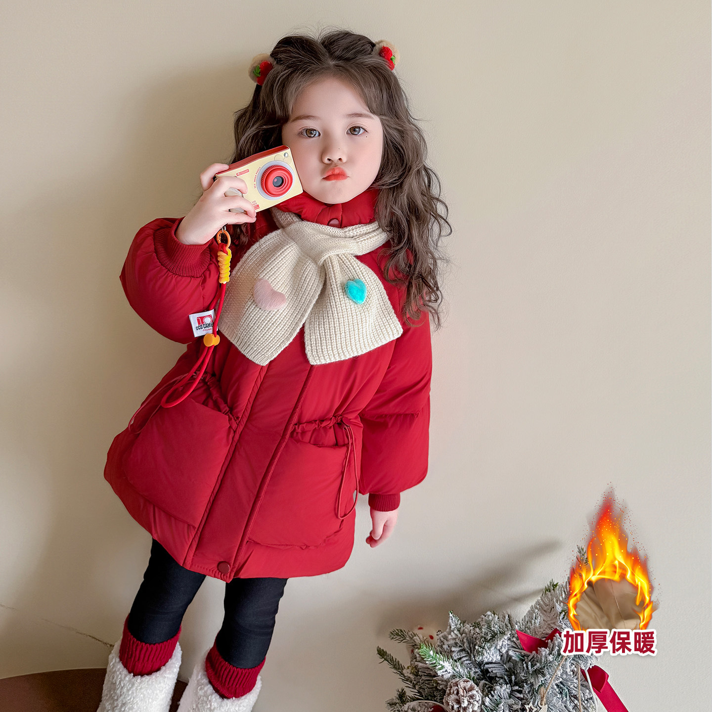送围巾~小女孩加厚棉袄女宝宝冬装羽绒棉棉服女童外套中长款收腰