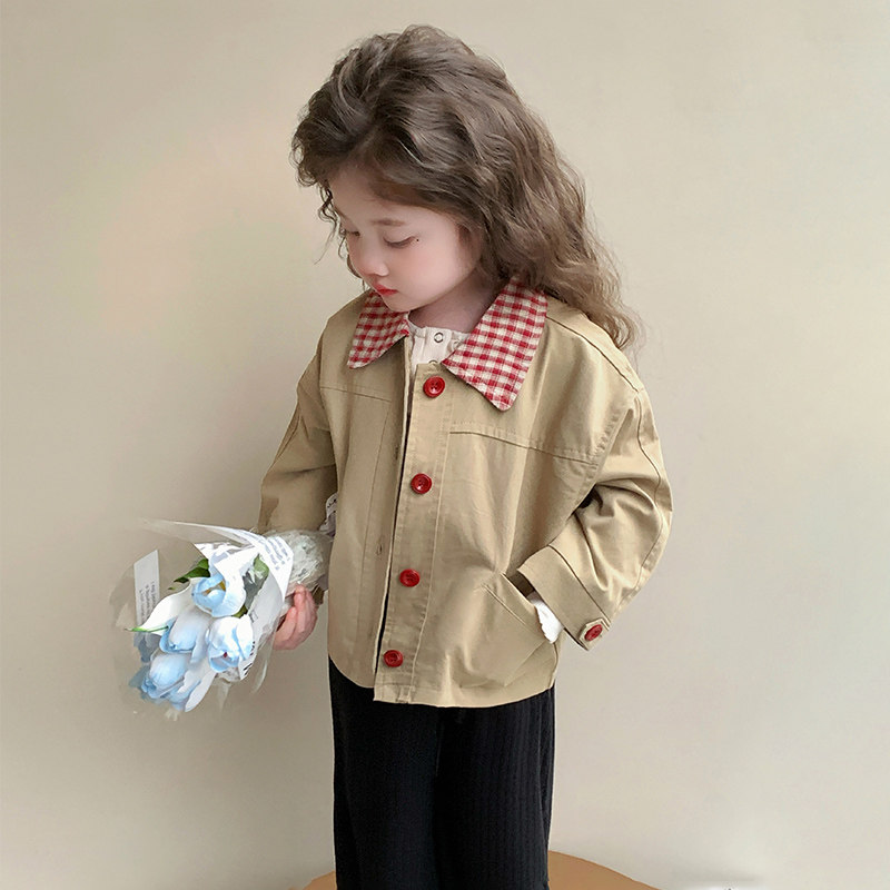 宝宝短款外套纯棉春秋小女孩外套翻领秋装女童洋气时髦英伦风上衣