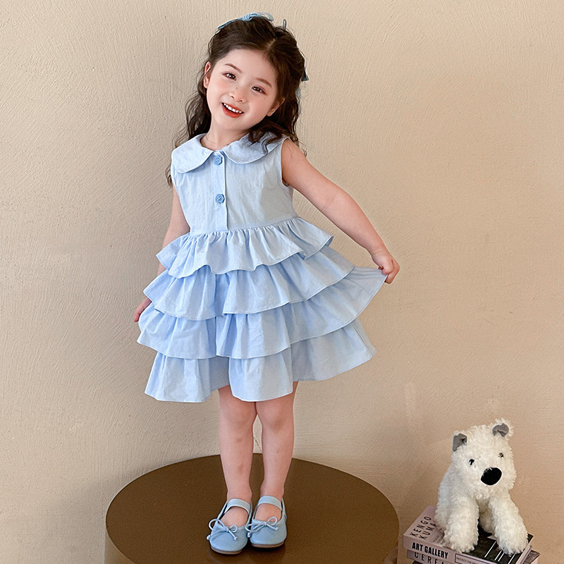 女童连衣裙无袖衬衫棉布2025新款小童蛋糕裙宝宝气质毛线裙子夏装