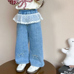 子春装 女童时髦洋气裤 春秋网红女宝宝设计感蕾丝长裤 小女孩牛仔裤