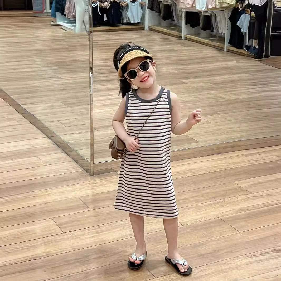 儿童条纹长款背心裙2025新款小童A字连衣裙女童T恤裙韩版洋气夏装