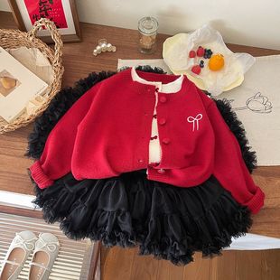 女童毛衣假两件冬装 儿童刺绣蝴蝶结甜美针织衫 女小童新年上衣春装