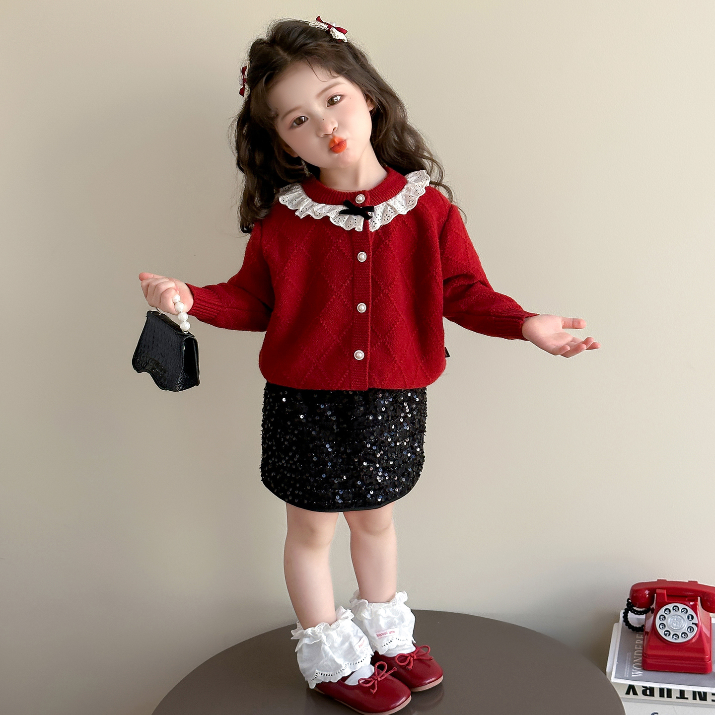 红色毛衣针织洋气免搭配套装