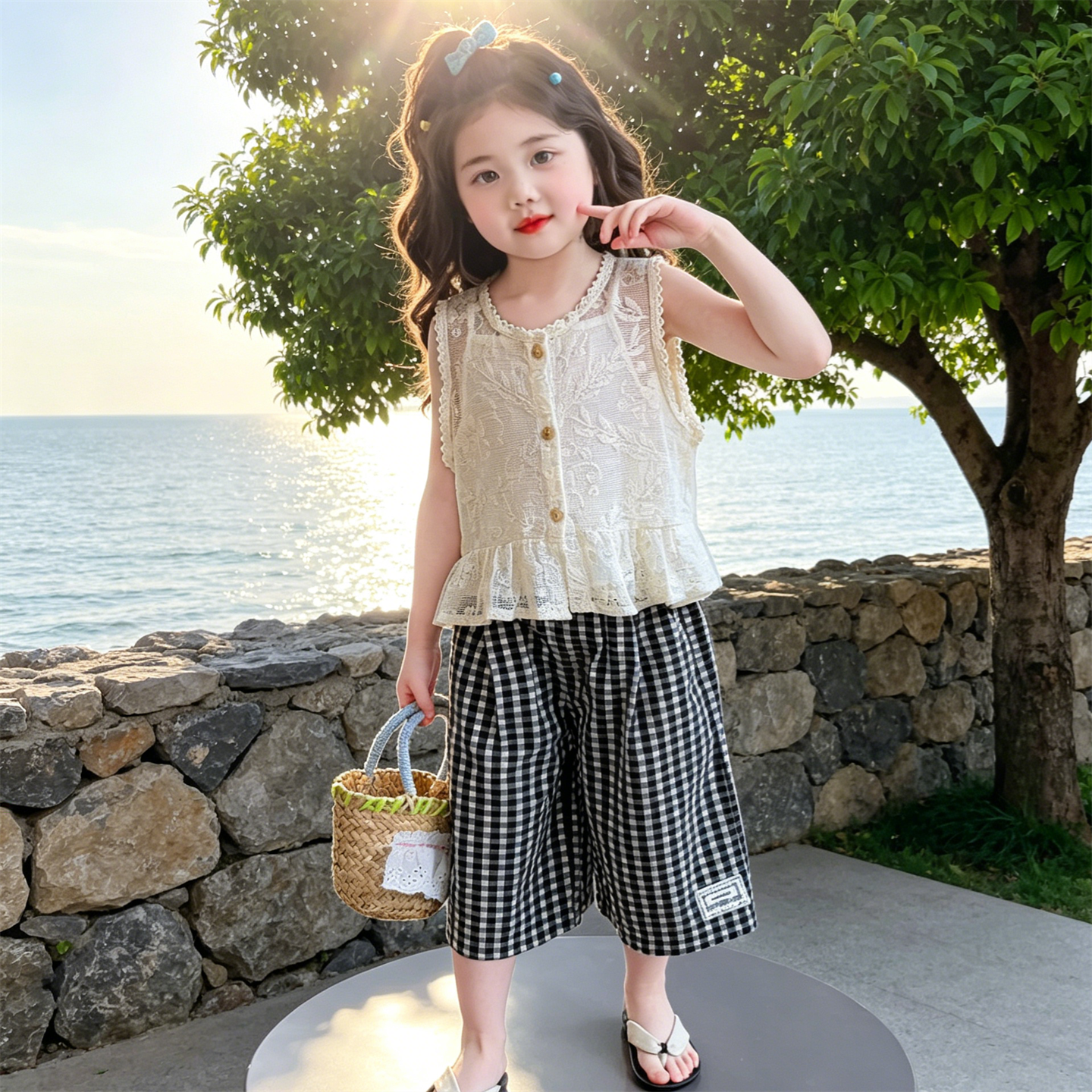 蕾丝三件套小童格子裤套装女宝宝