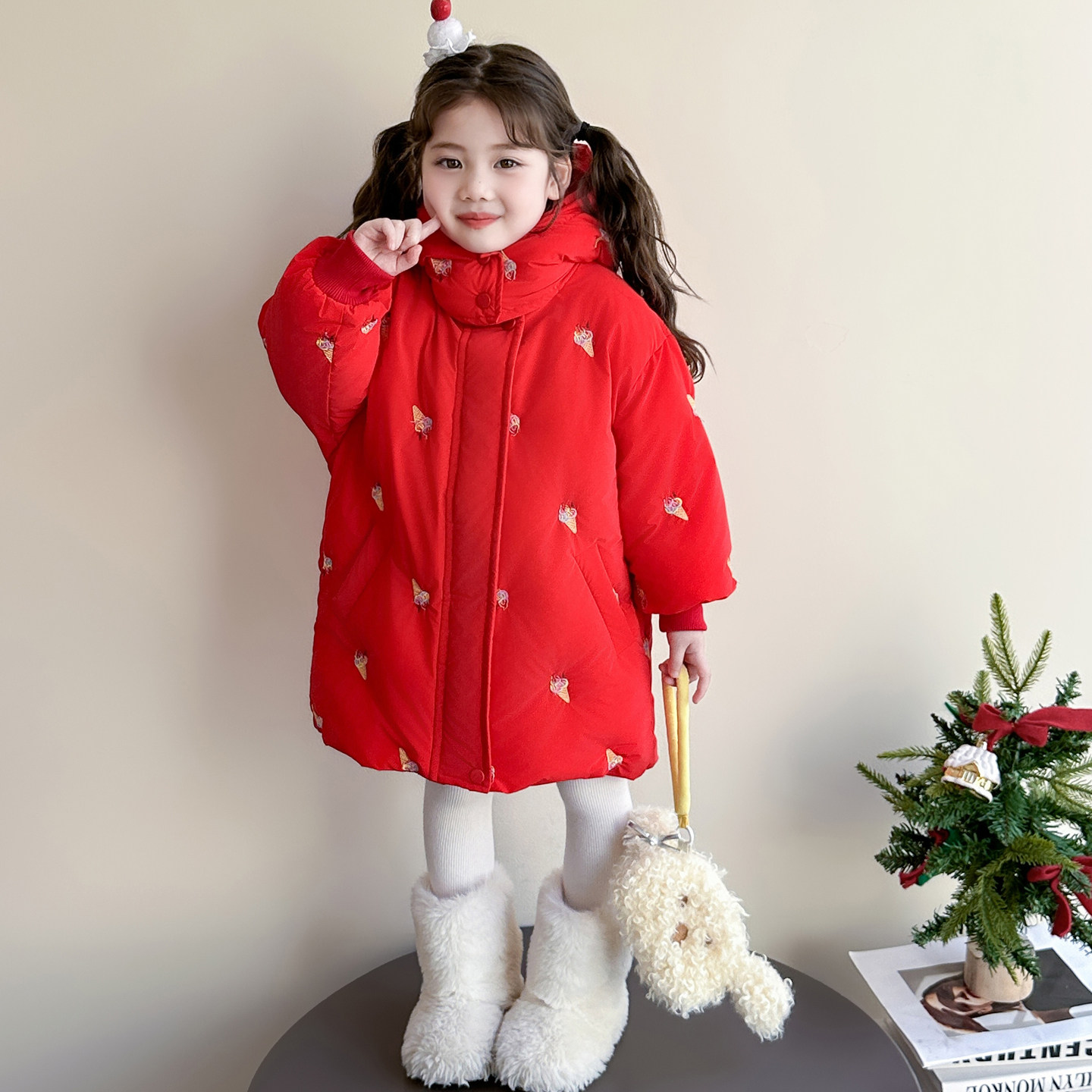 女童羽绒棉棉衣小女孩中长款加绒棉服红色刺绣女宝宝外套冬装新年