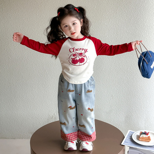 网红炸街童装宝宝春套装女洋气2025新款女童T恤卡通两件套春秋款