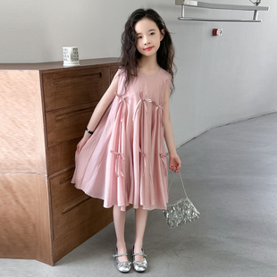 女童天丝大摆连衣裙蝴蝶结甜美小女孩公主背心裙中大童洋气裙子粉
