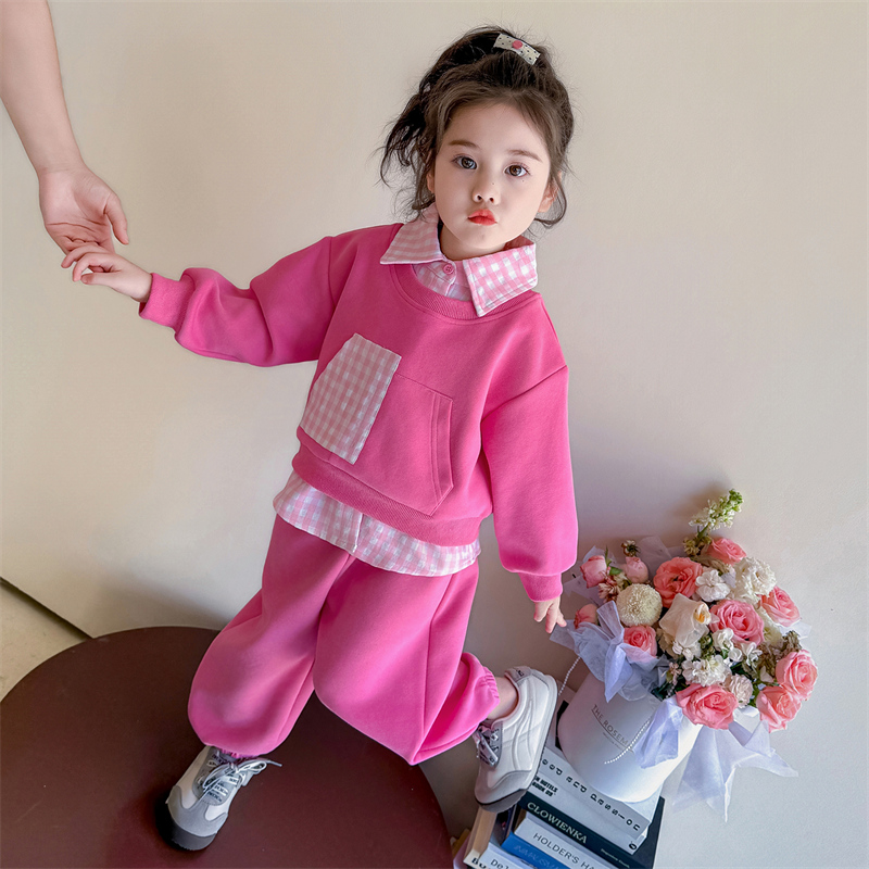 小女孩翻领两件套卫衣长袖秋装潮