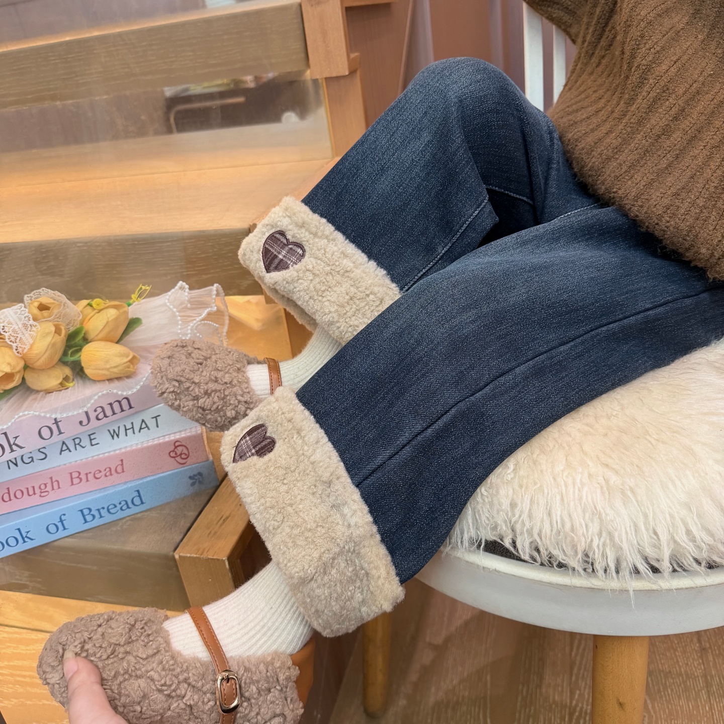 百搭版格加绒牛仔裤潮款拼接毛边