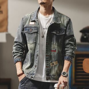 高级感机车牛仔外套男复古怀旧休闲潮牌修身夹克轻奢软糯浅色外衣