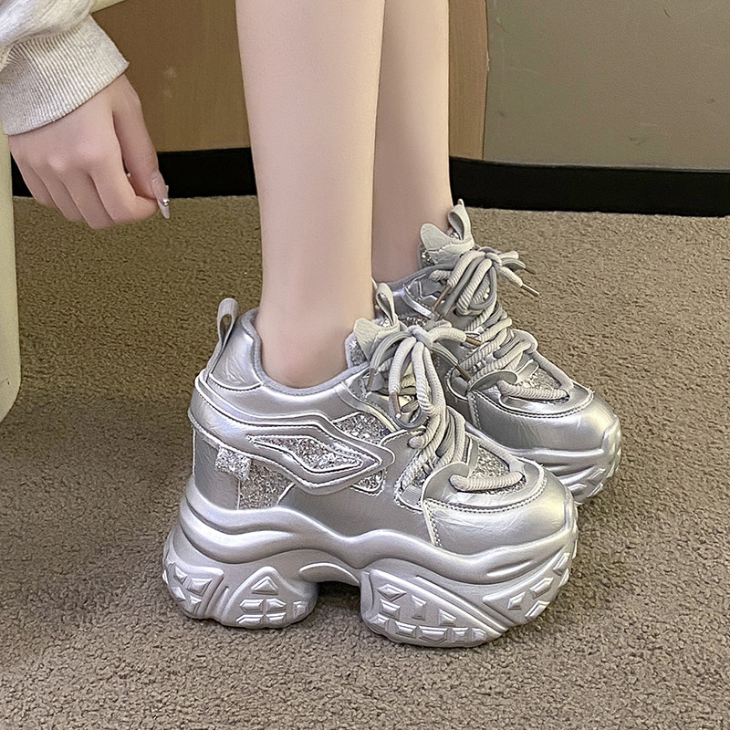 银色亮片老爹鞋女春季新款ins超火10cm厚底内增高轻便休闲运动鞋