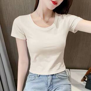 夏季薄款时尚百搭t恤女性感短款高腰露脐纯色圆领上衣显瘦打底衫