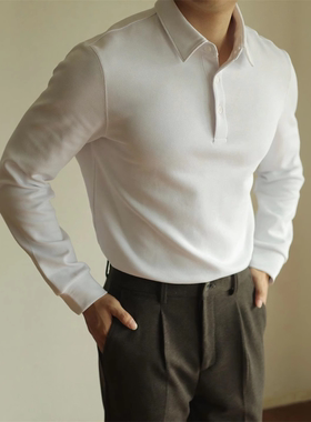高端空气层棉长袖POLO衫重磅T恤翻领男士纯色商务四季秋冬新款