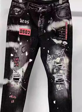 广州版本涂鸦泼墨破洞牛仔裤男女百搭潮流修身小脚裤高质量长裤子