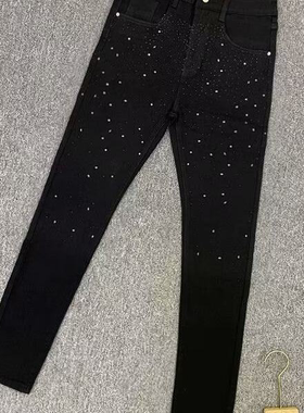 美式高街修身牛仔裤网红满天星烫钻黑色弹力小脚男士潮牌星空裤子