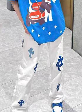 美式轻奢网红牛仔裤水洗做旧十字架贴标休闲宽松直筒高街裤子男女