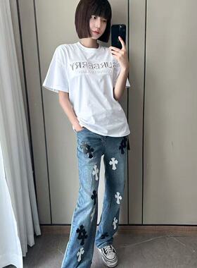 美式高街复古水洗蓝色牛仔裤轻奢潮牌十字架刺绣贴皮裤子网红同款