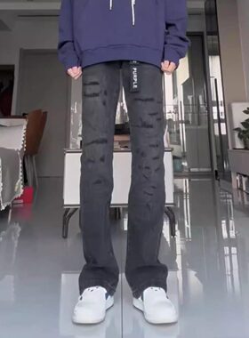 美式高街新款pu刮破黑色高品质牛仔裤水洗弹力百搭修身微喇叭长裤