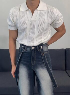 美式镂空短袖针织POLO衫T恤男夏季薄款简约上衣翻领百搭凉感体恤