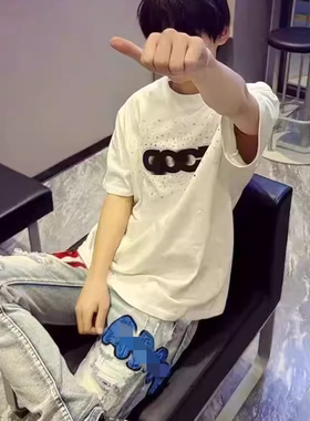 夏季纯棉网红同款潮流缤纷糖果烫钻短袖男女宽松GOOD情侣T恤半袖