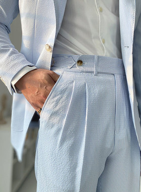 泡泡纱高腰那不勒斯西裤男士夏季直筒休闲裤随性优雅时尚英伦长裤