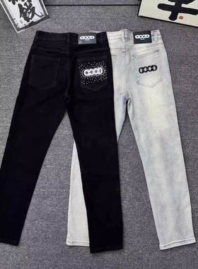 GOOD潮牌烫钻牛仔裤男女修身直筒刺绣长裤时尚百搭帅气加绒加厚