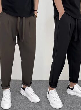 夏季冰丝休闲裤男薄款宽松垂感西裤直筒小脚九分裤网红痞帅阔腿裤