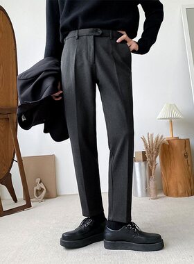 休闲西裤男秋冬新款加厚毛呢裤修身直筒小脚裤潮韩版潮流商务长裤