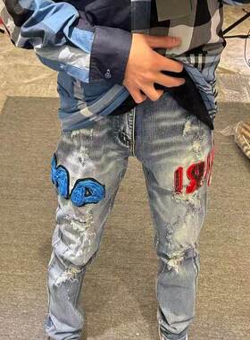 美式高街网红同款高品质AM字母刺绣牛仔裤男百搭修身微喇直筒长裤