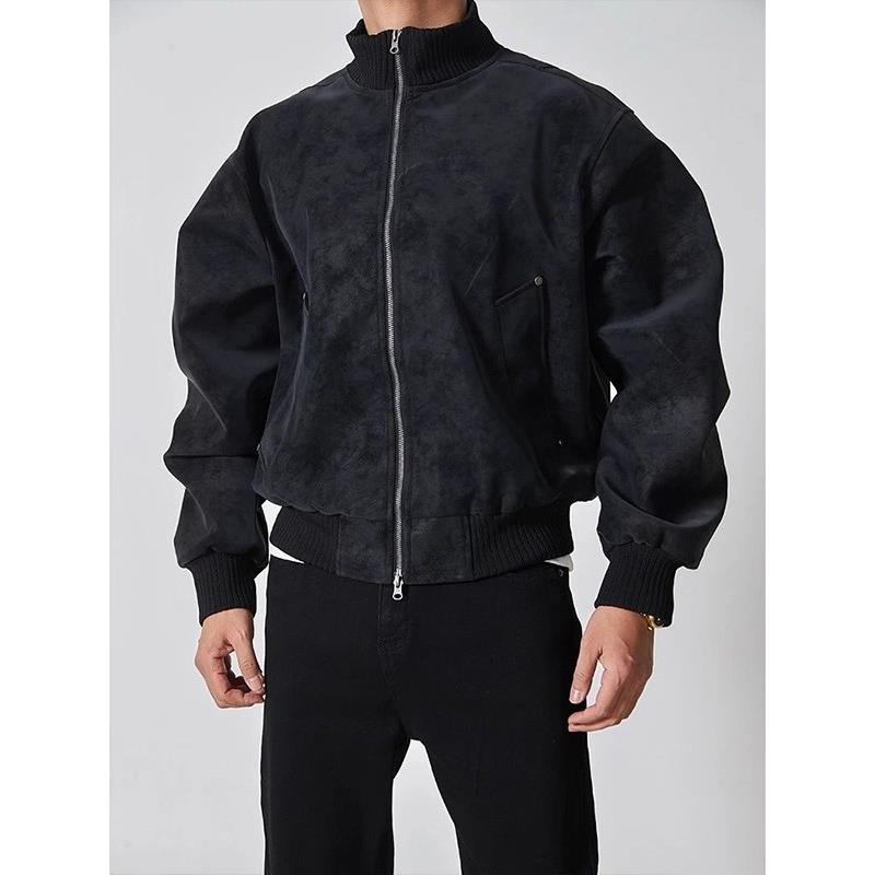boxy立领飞行夹克美式廓形短宽棒球服高级感cleanfit外套pu皮衣男