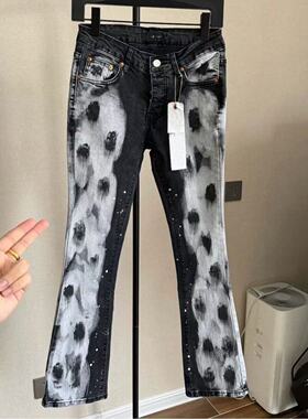 美式高街刷漆泼墨微喇牛仔裤男士潮牌新款个性弹力修身小脚长裤子