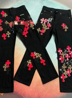 潮流美式高街十字架刺绣重工牛仔裤贴皮宽松水洗长裤网红潮牌男装