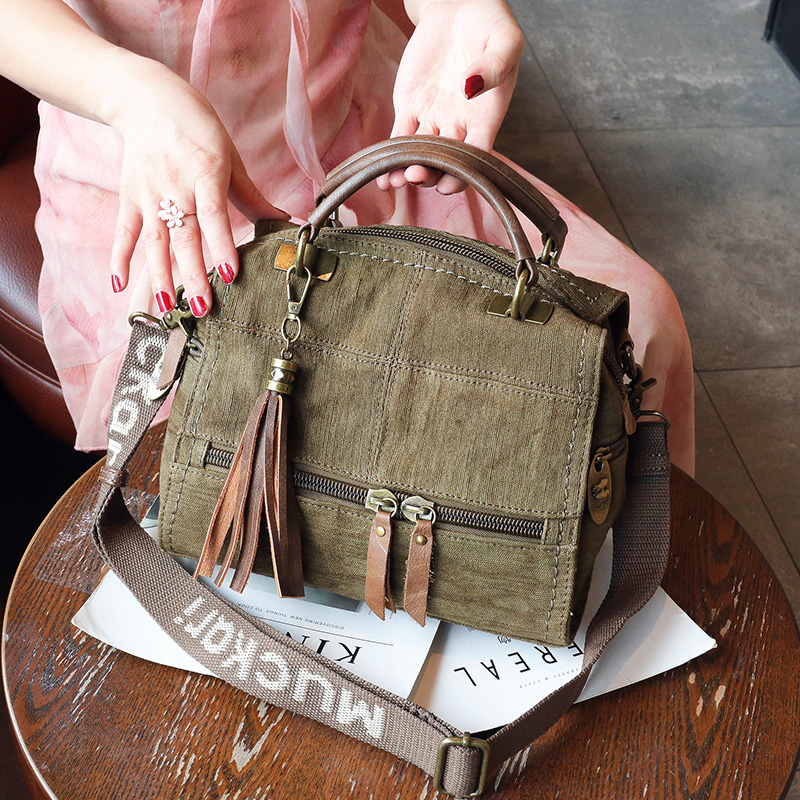 复古拼接牛仔布单肩包流苏手提包