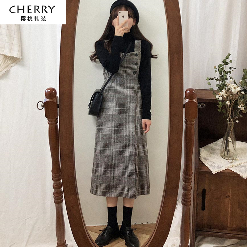 秋冬季毛呢格子背带连衣裙少女韩版学生学院风长裙冬天呢子冬裙子