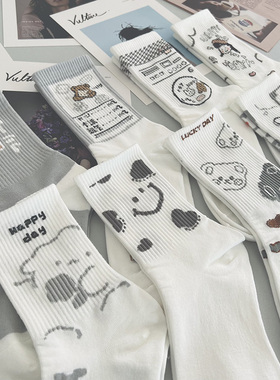 日系可爱中筒袜女生女孩学生灰色系白色袜子中长百搭卡通中帮中腰