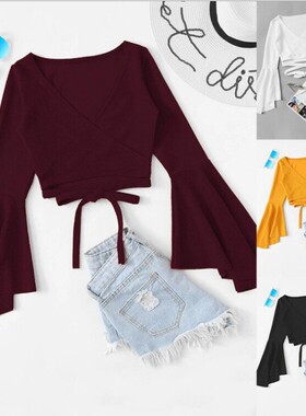 2020秋季新款速卖通wish亚马逊ebay喇叭袖V领露脐长袖T恤系带上衣