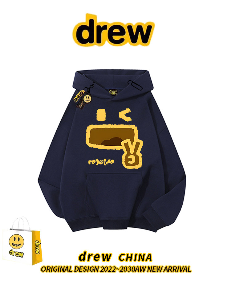 Drew American Vintage Fun Hooded Fleece Sweatshirt, Unisex Trendy Casual Loose Autumn Winter Couple Hoodie Jacket