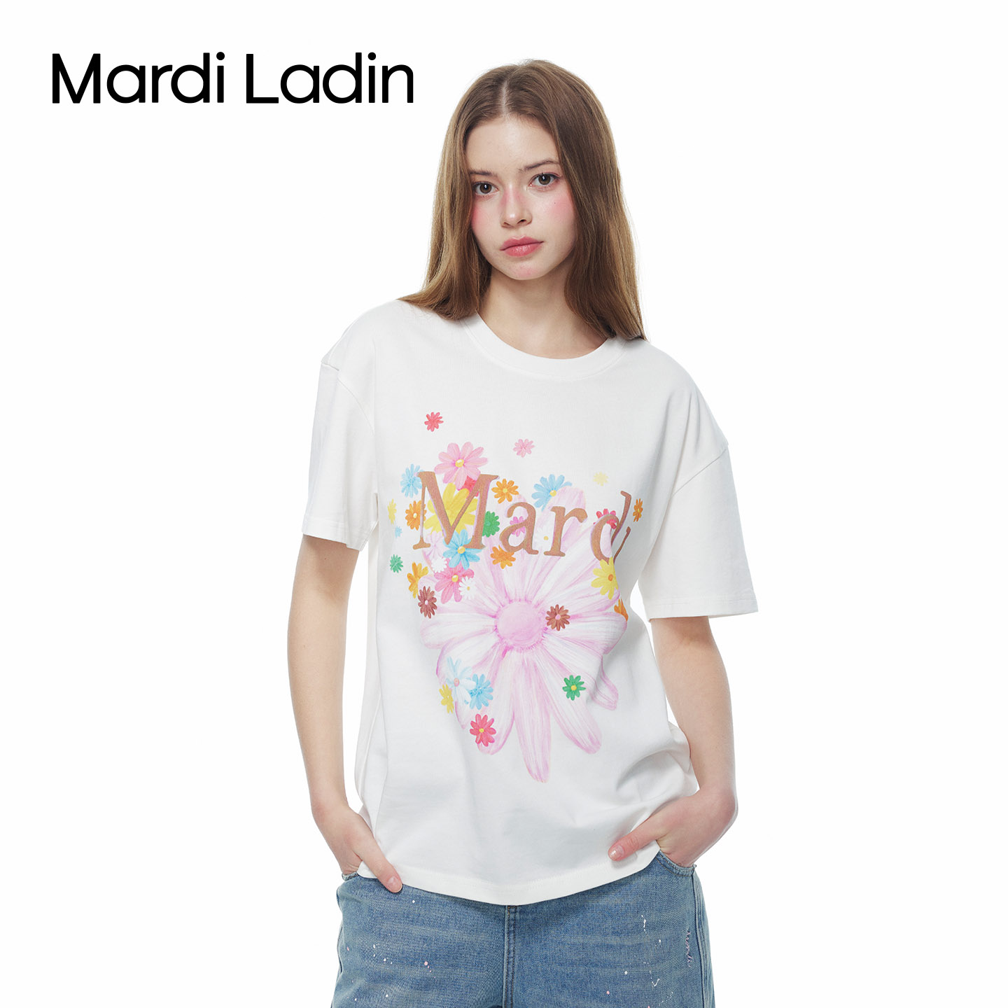 Mardi Ladin短袖T恤女白色印花宽松圆领显瘦百搭休闲上衣