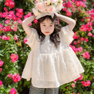 夏蓬蓬上衣甜美百搭 韩版 绣花洋气甜美森系娃娃衫 短袖 女童复古泡袖