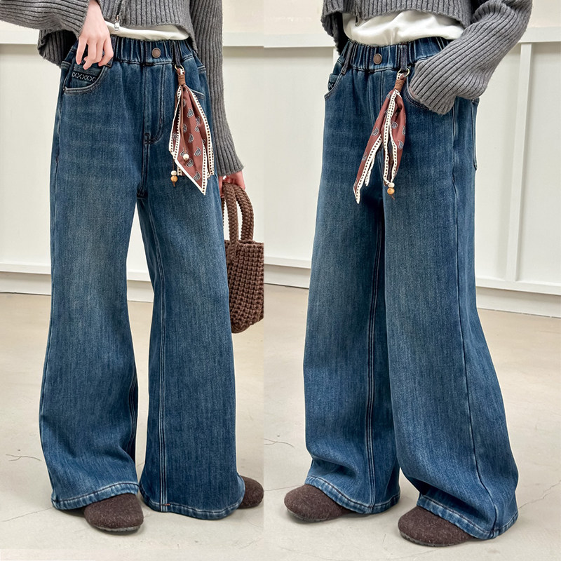 中大童25冬季款裤子女童休闲百搭一体绒直筒牛仔裤儿童加绒阔腿裤,童装/婴儿装/亲子装,儿童牛仔裤,淘宝优惠券,粉丝福利购,淘宝优惠卷