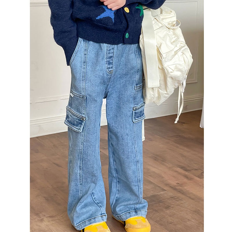 女童直筒牛仔裤工装秋冬显瘦美式