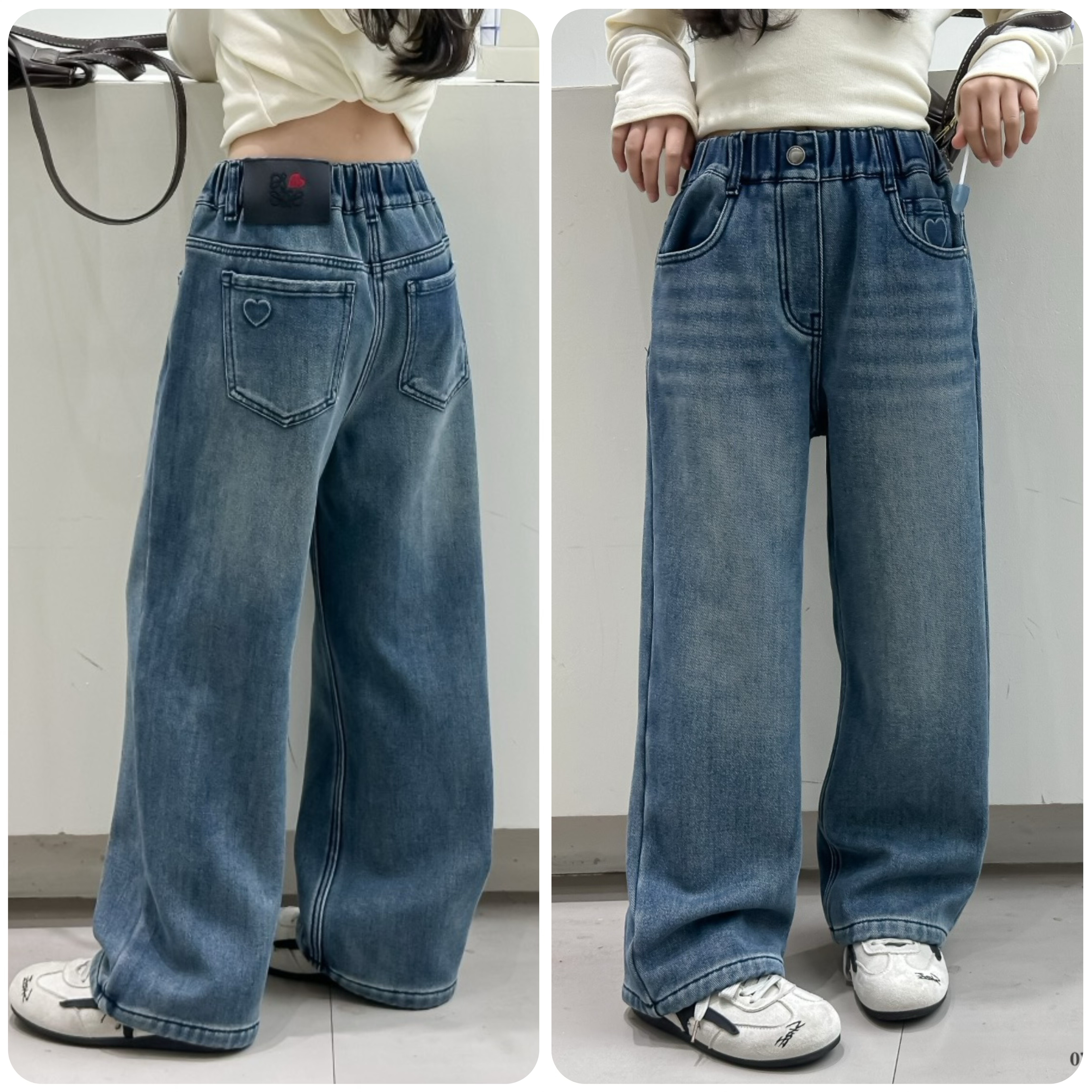 女童加绒加厚牛仔直筒裤童装秋冬