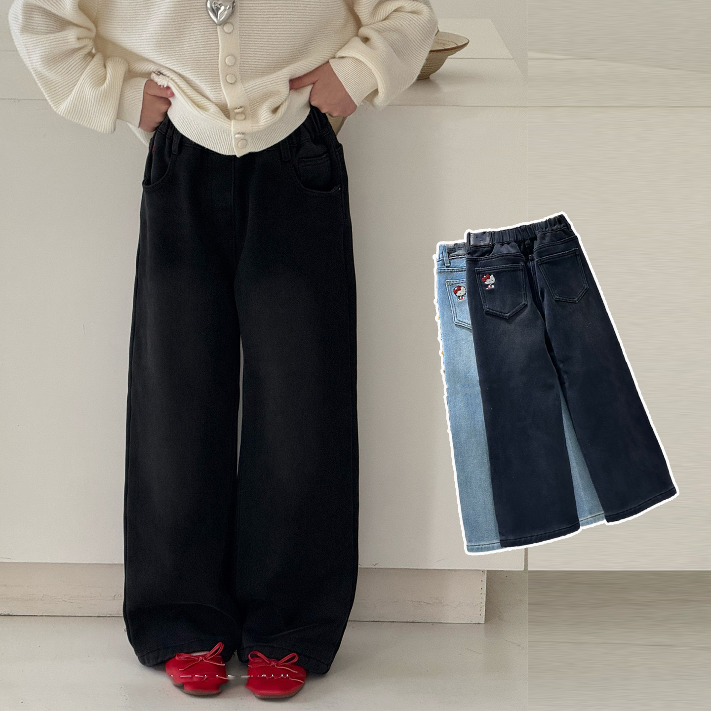 女中大童冬装一体绒黑色直筒裤