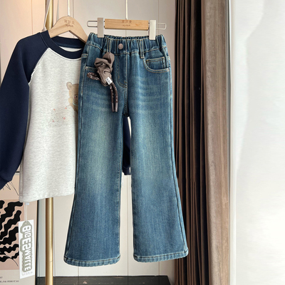 女童加厚一体绒牛仔裤微喇休闲裤