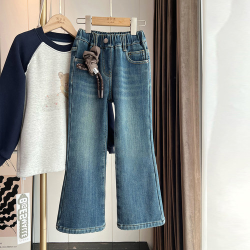 女童加厚一体绒牛仔裤微喇休闲裤