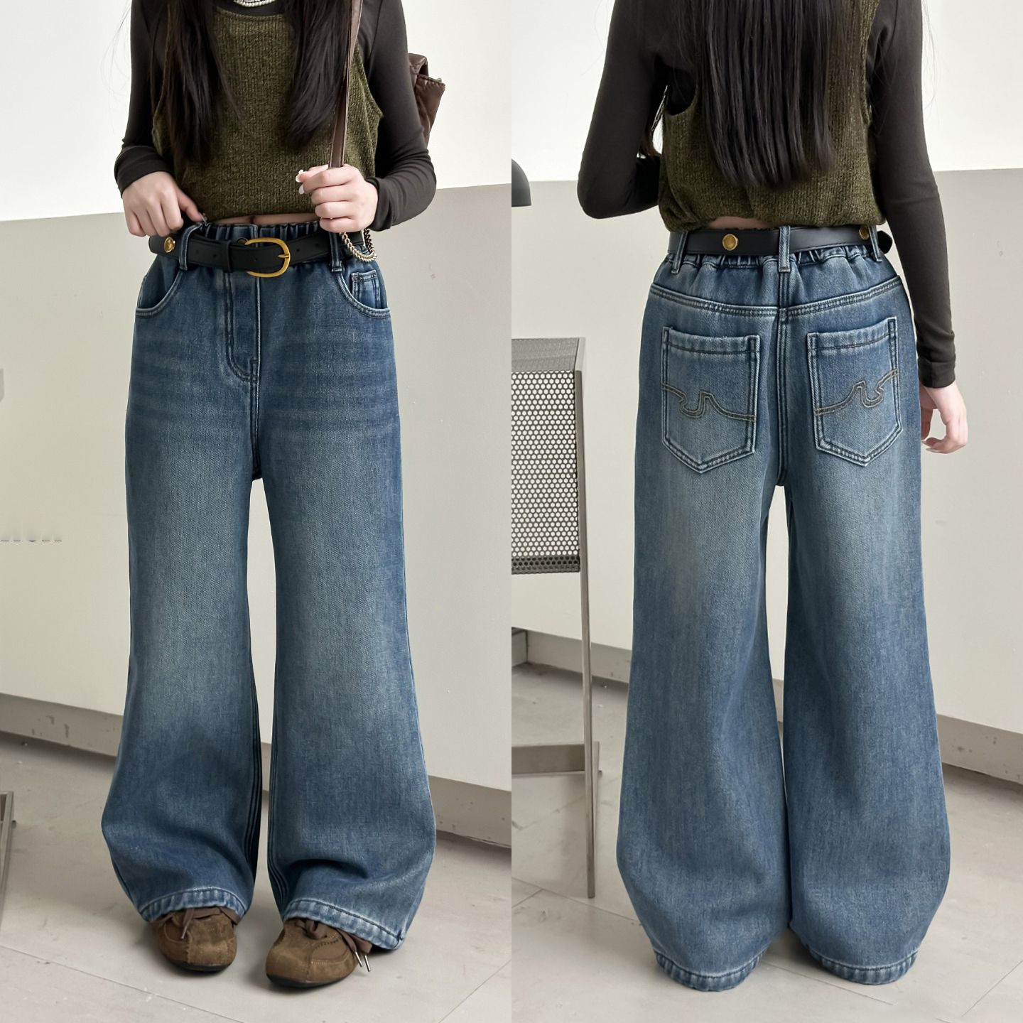 女童加绒直筒裤儿童一体绒牛仔裤