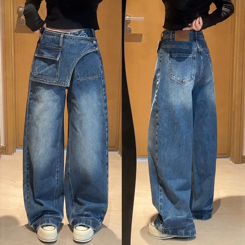 直筒屁帘阔腿牛仔裤女秋冬时尚