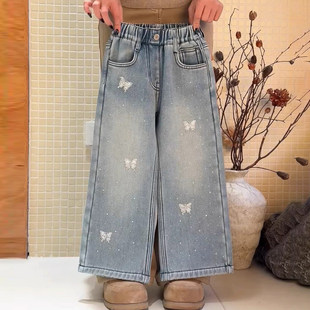 女童2025冬季加厚一体绒烫钻蝴蝶结牛仔裤直筒裤子中大童洋气超软