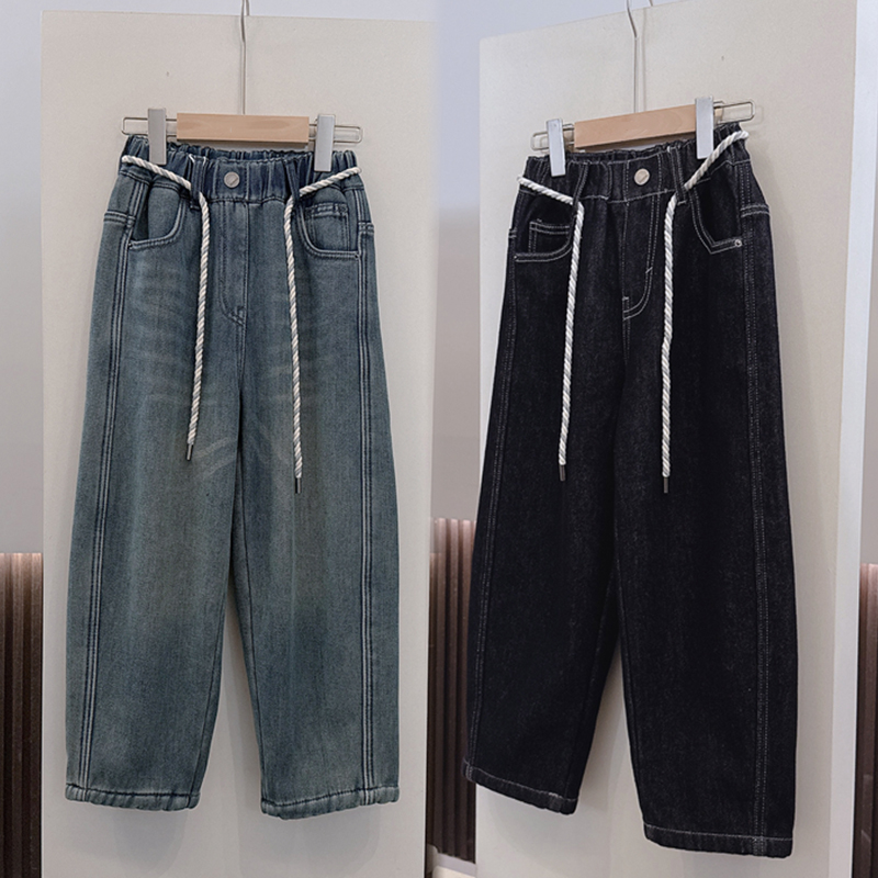 女童一体绒水洗牛仔裤宽松萝卜裤